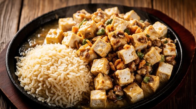Sizzling tofu sisig served with java rice on wooden table. Filipino vegetarian dish features hot iron plate with soy sauce marinade, chili peppers. Authentic Southeast Asian meal offers delicious