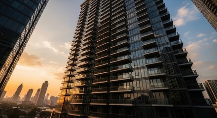 Naklejka premium Modern City Skyscraper Residential Building Facade At Sunset With Balconies Reflecting Golden Light