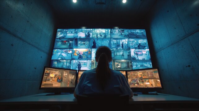 Security officer monitoring multiple surveillance screens in a dimly lit control room environment