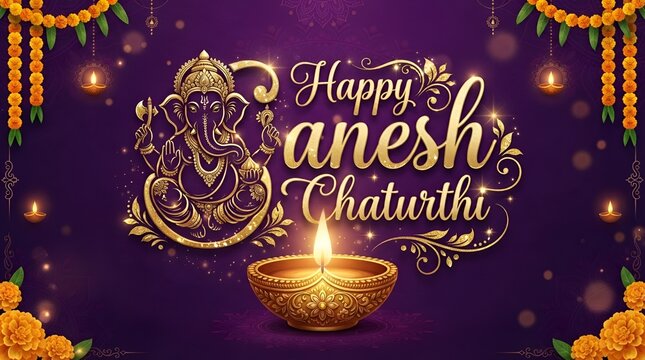 Happy festival of Ganesh Chaturthi with gold lord Ganesha illustration