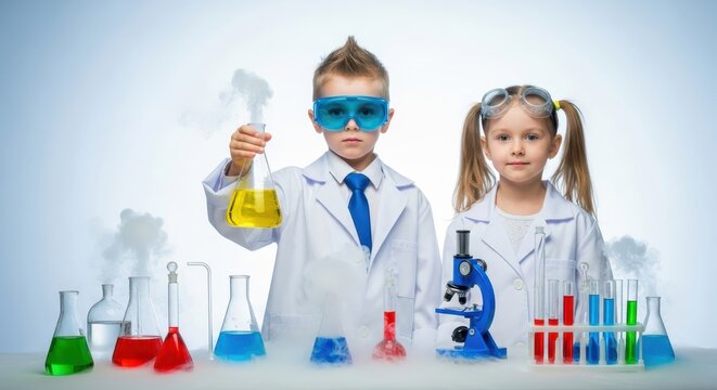 Two Cute Little Children in Lab Coats Doing Science Experiments with Colorful Liquids and Microscope