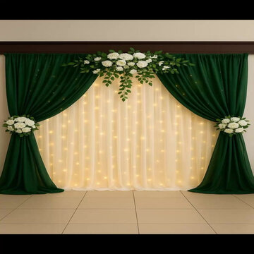 Elegant Green Velvet Stage Curtains Open on Classic Theater Interior with Wooden Floor and Dramatic Lighting Background