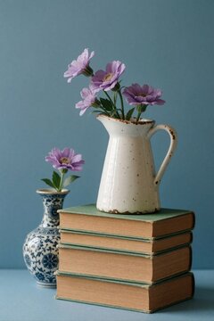 Stack of old books with green covers and purple flowers in ceramic pitcher and patterned vase. Rustic interior decor arrangement on blue background.