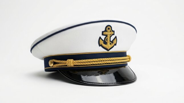A classic white captain hat with a navy blue band, gold embroidery anchor emblem, and gold braided cord, isolated on a white background, nautical