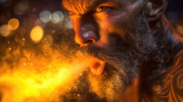 Bearded man dramatically exhaling fiery breath with intense expression and glowing embers