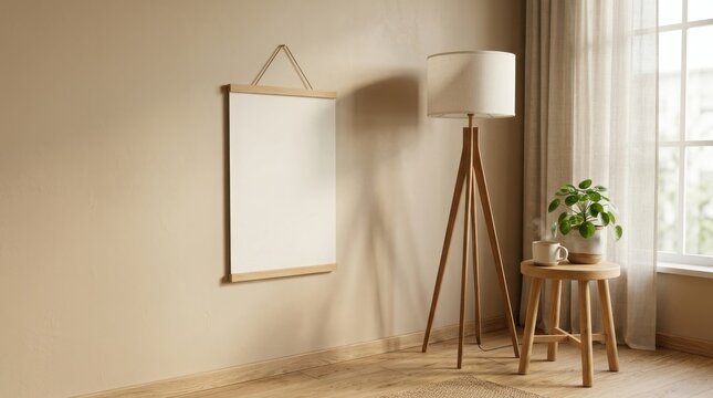 Empty wooden poster frame hanging on a beige wall next to a tripod floor lamp and a small wooden side table with a plant in a bright room