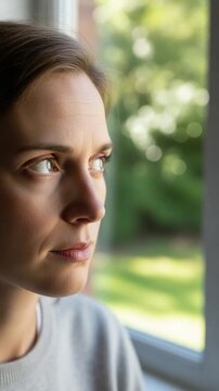Sad young Caucasian woman looking out the window, portrait representing loneliness, depression, and mental health struggles for editorial concepts