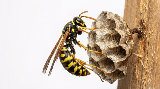 A close up view of a paper wasp building its nest on a wooden surface.