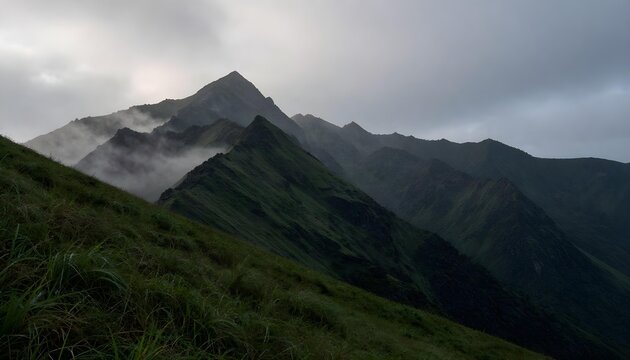 Dramatic mountain range shrouded in mist with lush green slopes