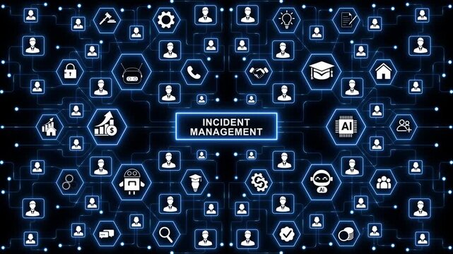 Incident Management in business tech involves swiftly diagnosing and resolving unexpected issues. A businessman uses a laptop with a virtual incident management icon. technology background.