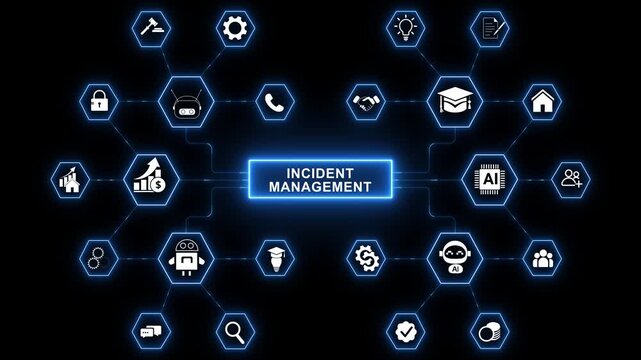 Incident Management in business tech involves swiftly diagnosing and resolving unexpected issues. A businessman uses a laptop with a virtual incident management icon. technology background.
