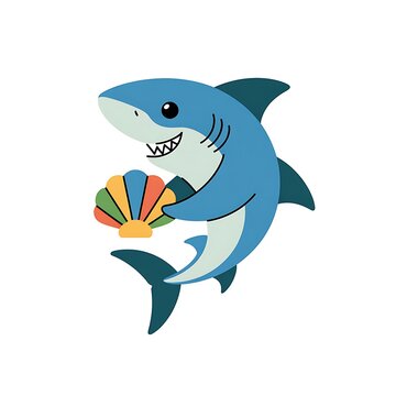 Cute cartoon shark holding a colorful seashell isolated on white background for children book illustration design