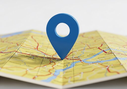 Digital 3D render: A crisp, stylized map unfolds, its creases casting subtle shadows under clean, ambient light, with a vibrant blue locator pin poised at its heart.
