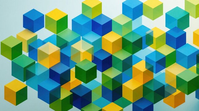 Abstract 3D geometric pattern with colorful cubes. Vibrant blue green, yellow blocks create modern digital art texture. Futuristic composition features translucent shapes, bright gradients for