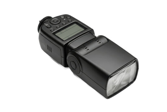 Professional external camera speedlight flash on black background