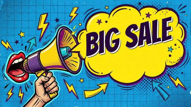 Megaphone with big sale speech bubble in comic style