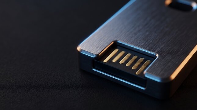 Macro shot of modern metal USB flash drive on dark background