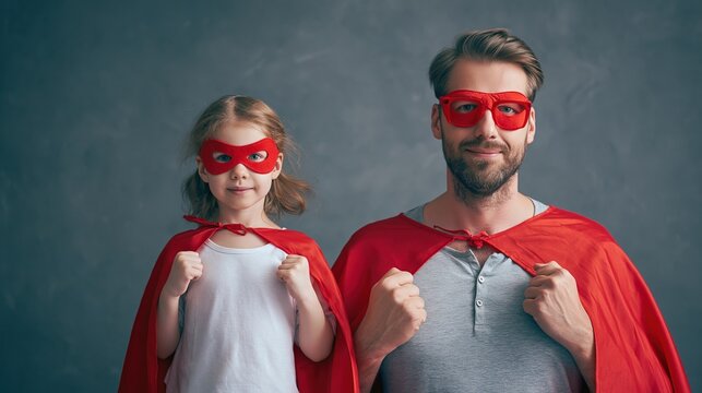 Father and daughter dressed as superheroes with red masks and capes