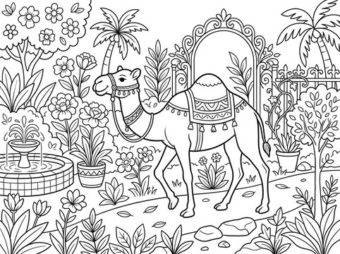 Dromedary camel resting in a tropical oasis landscape coloring page outline vector art
