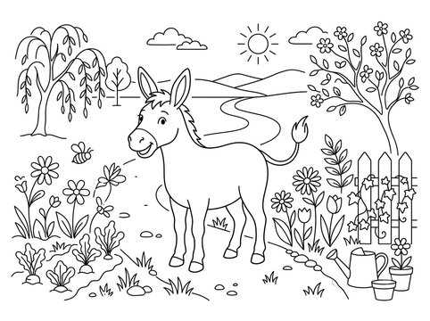 Cute donkey coloring page illustration outline art for kids activity with coloring