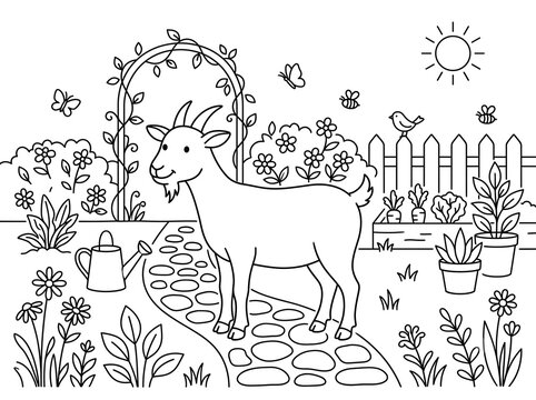 Cute goat in garden coloring page outline illustration for kids activity with coloring