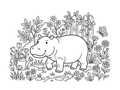 Cute hippo walking in garden coloring page for kids outline illustration with hippopotamus