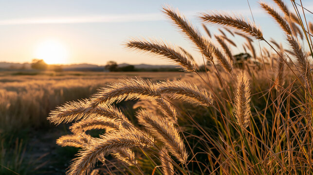 Golden Wild Grass Blades in Countryside Field at Dusk