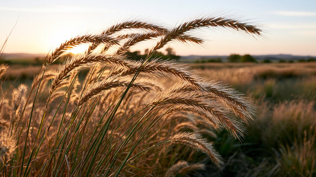 Dry Meadow Grass Glowing in Sunset Light with Shallow Focus