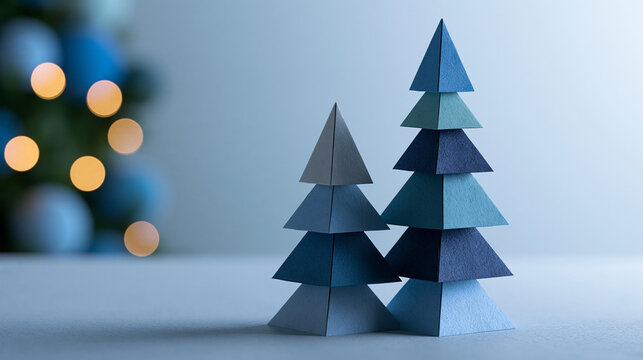 Small Origami Pine Trees on Blue Background for Modern Holiday Decor