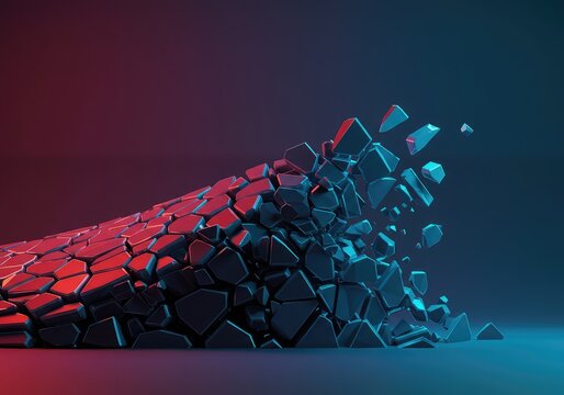 A conceptual image showing abstract geometric forms shattering into irregular pieces, representing discontinuity and complex structural breakdown, pieces, disruption, design