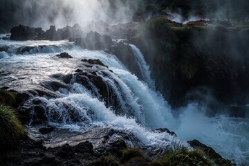 Obraz premium Cascading waterfall over dark rocks creates mist. Lush green vegetation borders water flowing fast over stones. Scene shows powerful natural force.