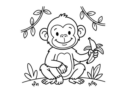 Cute monkey holding a peeled banana coloring page line art illustration with coloring