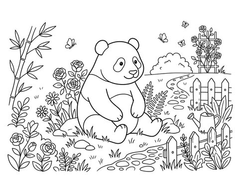 Friendly panda bear standing in a bamboo garden coloring page line art illustration