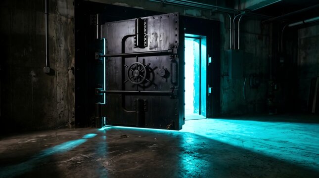 Heavy metal bank vault door slightly ajar with bright cyan glowing light inside a dark industrial bunker for design background