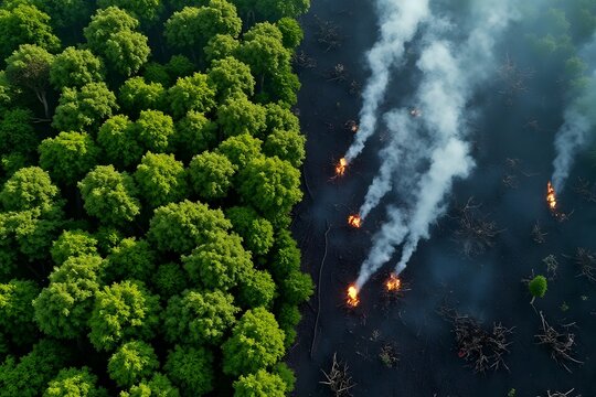 Deforestation Smoke Rising Above Cleared Rainforest Area