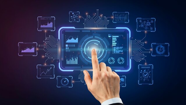 Futuristic digital interface showing analytics dashboard with finger touching holographic screen surrounded by circuit diagrams and graphs
