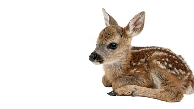 Adorable cute young deer fawn lying down peacefully resting on floor wildlife baby animal isolated on transparent background cut out