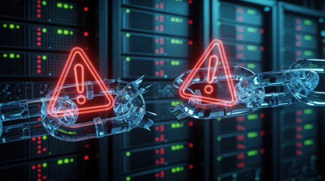 Broken metal chain link with glowing red warning signs floating in server room. Digital visualization of system failure cyber attack data breach concept. Server hardware blurred in background