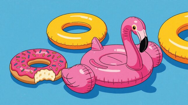 Bright inflatable pool floats shaped like pink flamingo, yellow donuts lie on solid blue background. Cute colorful swim rings provide fun summer holiday vibe. Playful beach accessories represent