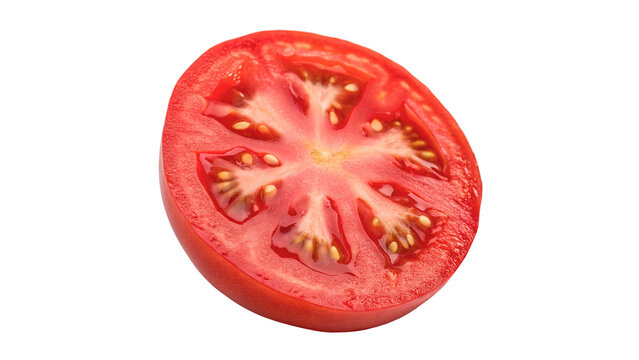 Fresh ripe red tomato slice with juicy seeds and detailed texture healthy vegetable isolated on transparent background cut out