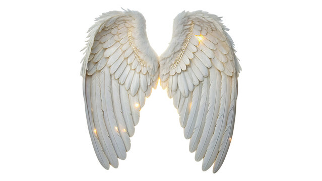 Pair of beautiful white angel wings with detailed soft feathers symbol of peace isolated on transparent background cut out
