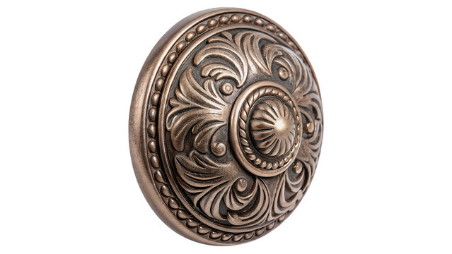 Vintage ornate bronze metal door knob handle decorative architectural element antique design isolated on transparent background cut out