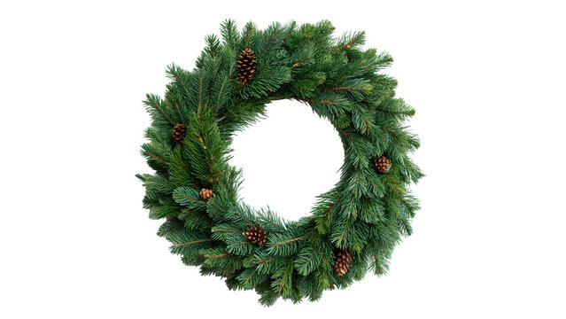 Festive green pine christmas wreath for holiday home front door decoration winter season isolated on transparent background cut out