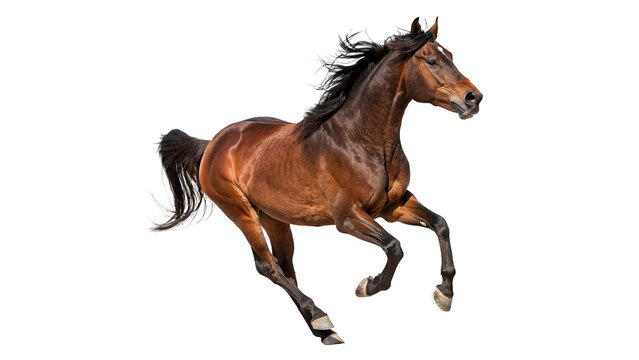 Majestic brown stallion horse galloping fast proudly showing beautiful powerful body movement isolated on transparent background cut out