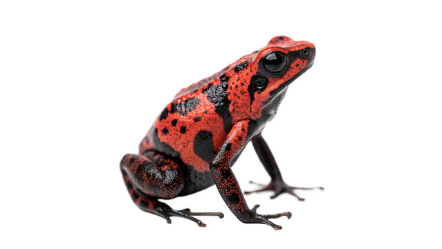 Exotic poison dart frog with vibrant red and black skin patterns dangerous rainforest isolated on transparent background cut out
