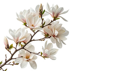 Beautiful white magnolia flower blossoms blooming on a rustic spring tree branch nature isolated on transparent background cut out  © AAAstock2025