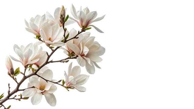 Beautiful white magnolia flower blossoms blooming on a rustic spring tree branch nature isolated on transparent background cut out
