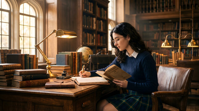 Dark Academia Aesthetic High School Student at Vintage Oak Library Desk