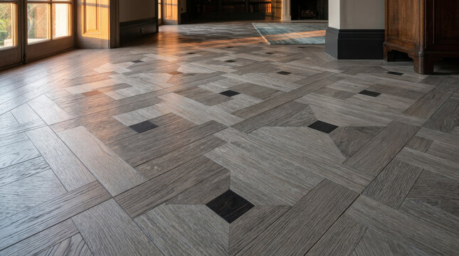 Geometric wooden floor pattern with light grey planks and dark square accents in generated using ai