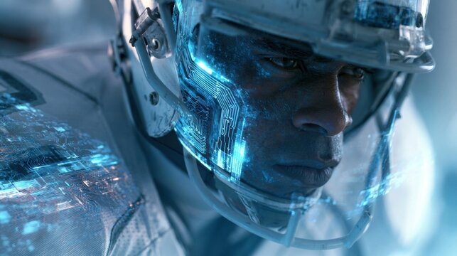 Futuristic armored soldier with glowing blue circuit patterns on helmet